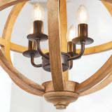 Cranleigh 4 Light Pendant close-up showing natural mango wood hoops around a dark bronze fitting with four E14 candle bulbs on curved arms.