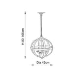 Cranleigh 4 Light Pendant line drawing showing natural wood globe frame with bronze fitting, chain suspension, height 80-165cm and 43cm diameter.