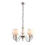 Endon Brambourne 5 light pendant in polished aluminium with curved arms, cream tapered shades and chain suspension on a white background.