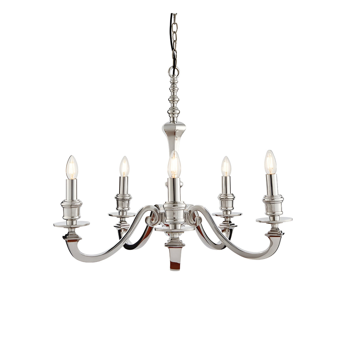 Endon Brambourne 5 light pendant in polished silver aluminium with curved arms and candle-style lampholders, shown on a plain white background.