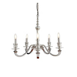 Endon Brambourne 5 light pendant in polished silver aluminium with curved arms and candle-style lampholders, shown on a plain white background.