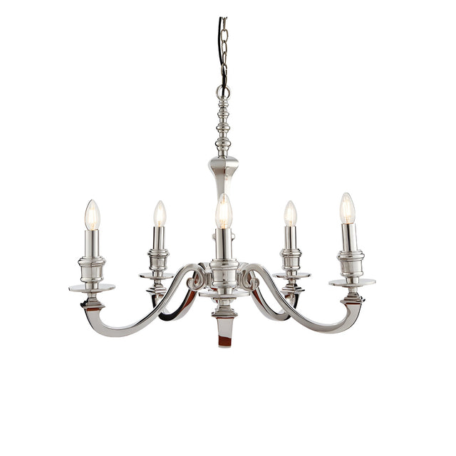 Endon Brambourne 5 light pendant in polished silver aluminium with curved arms and candle-style lampholders, shown on a plain white background.