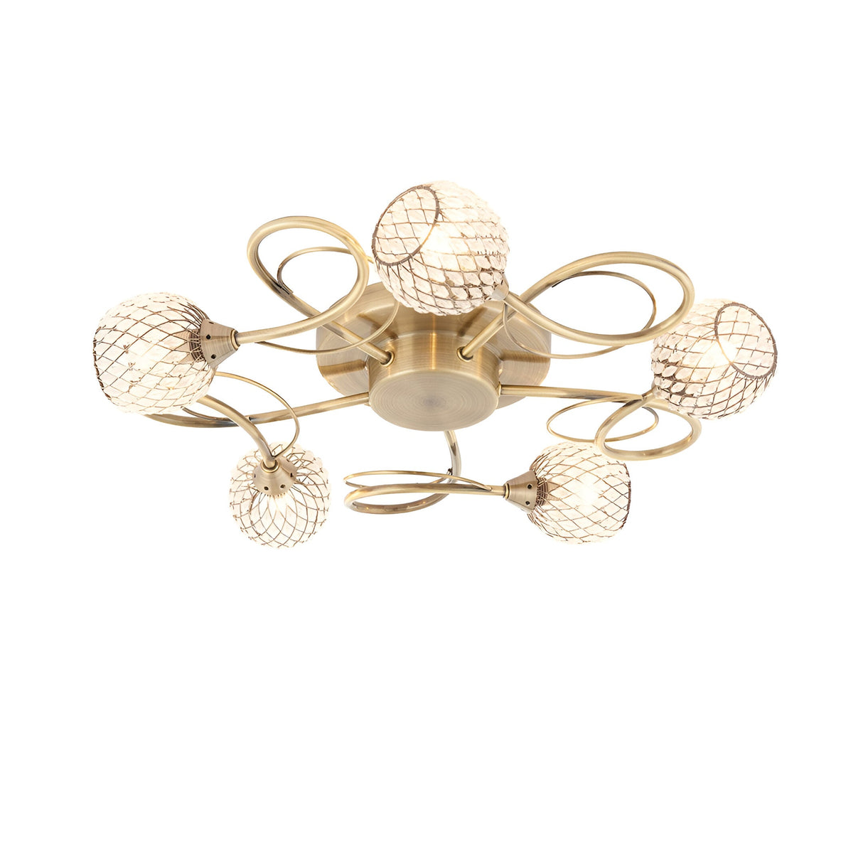 Endon Harcourt 5 light semi-flush ceiling light in antique brass, with curled arms and mesh-caged glass globe shades on a plain white background.
