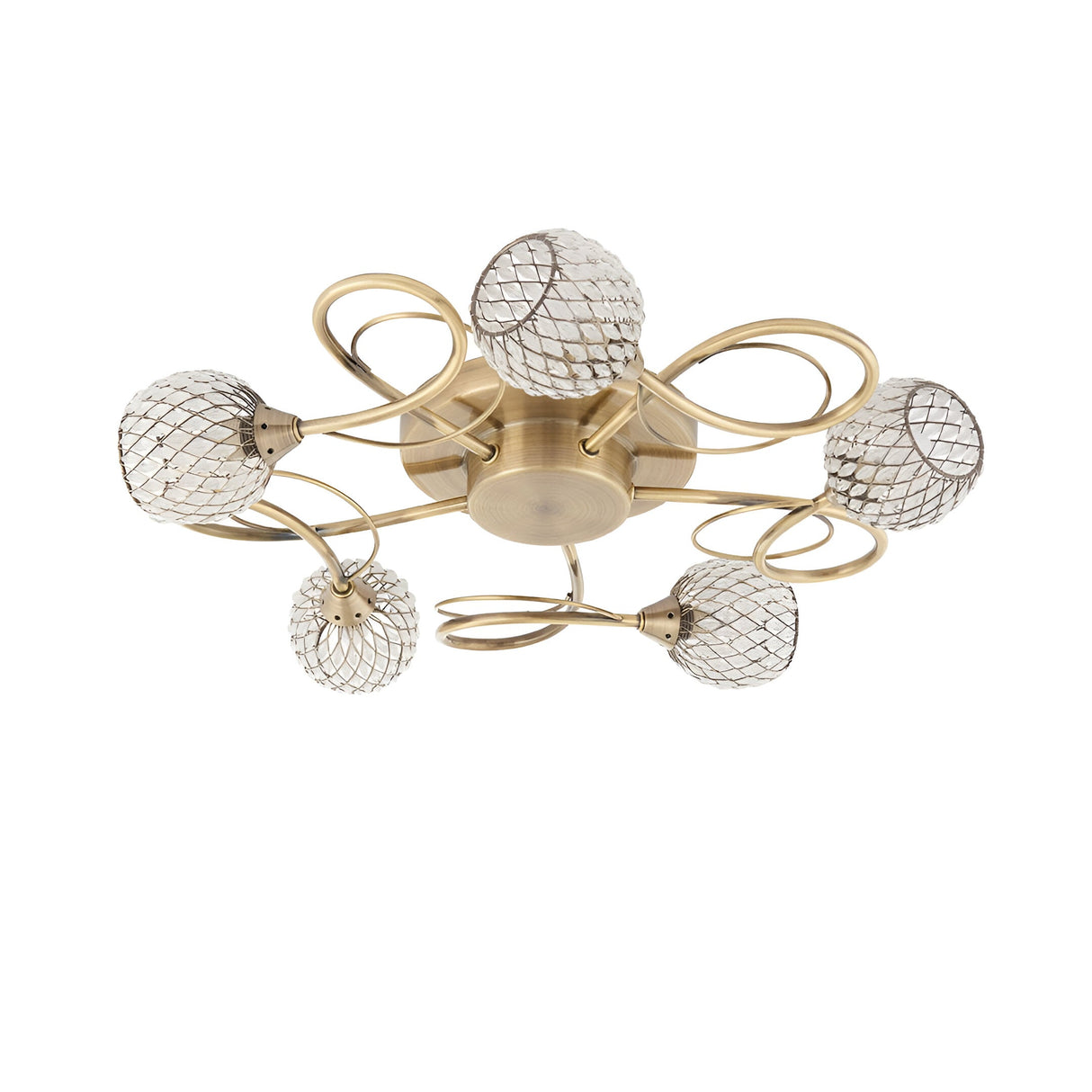 Endon Harcourt 5 light semi-flush ceiling light in antique brass, with looped arms and mesh-caged glass globe shades, shown on a white background.