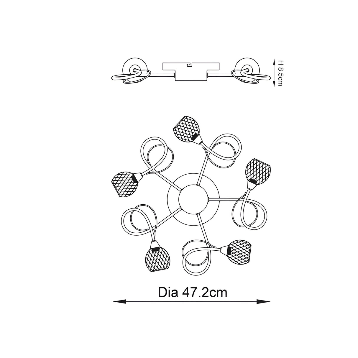 Technical line drawing of the Endon Harcourt 5 Light Semi-Flush Ceiling Light showing 8.5cm height and 47.2cm diameter with five looped arms.