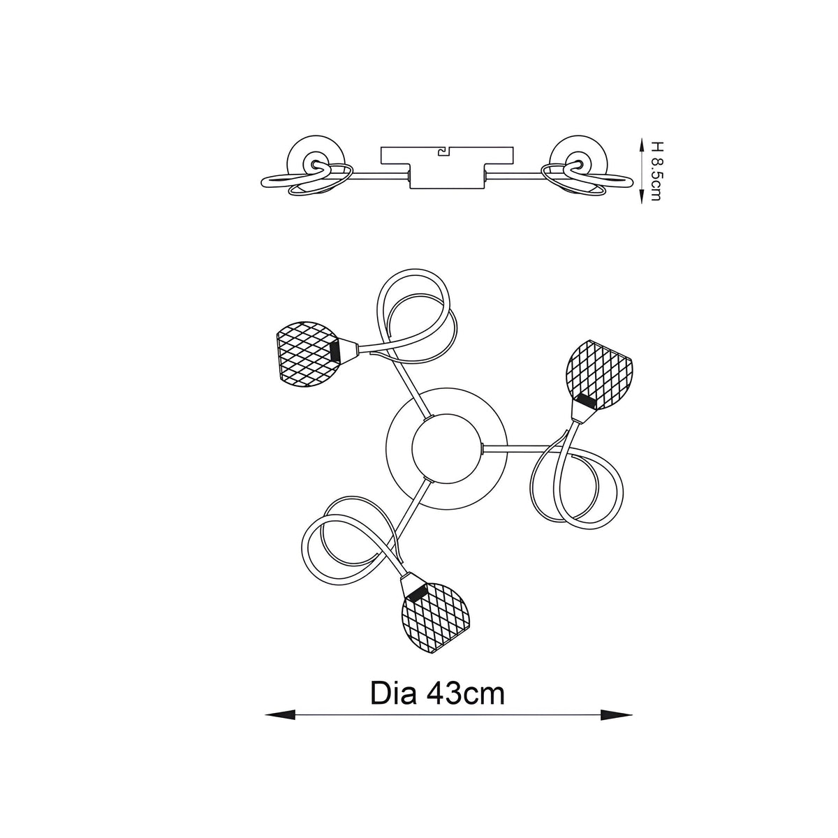 Technical line drawing of the Endon Harcourt 3 light semi-flush ceiling light showing 43cm diameter and 8.5cm height dimensions.