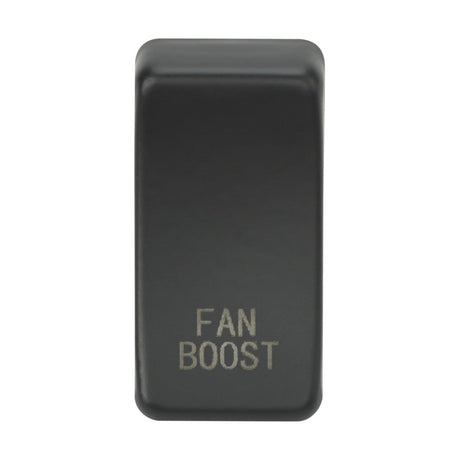 A rectangular switch cover with an anthracite finish displays the text "FAN BOOST" in white.