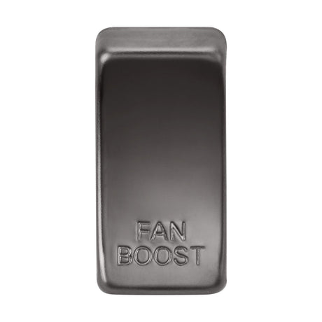 A sleek, rectangular Switch Cover marked "FAN BOOST" in black nickel is set against a plain white background, featuring interchangeable rocker covers for customizable style and functionality.