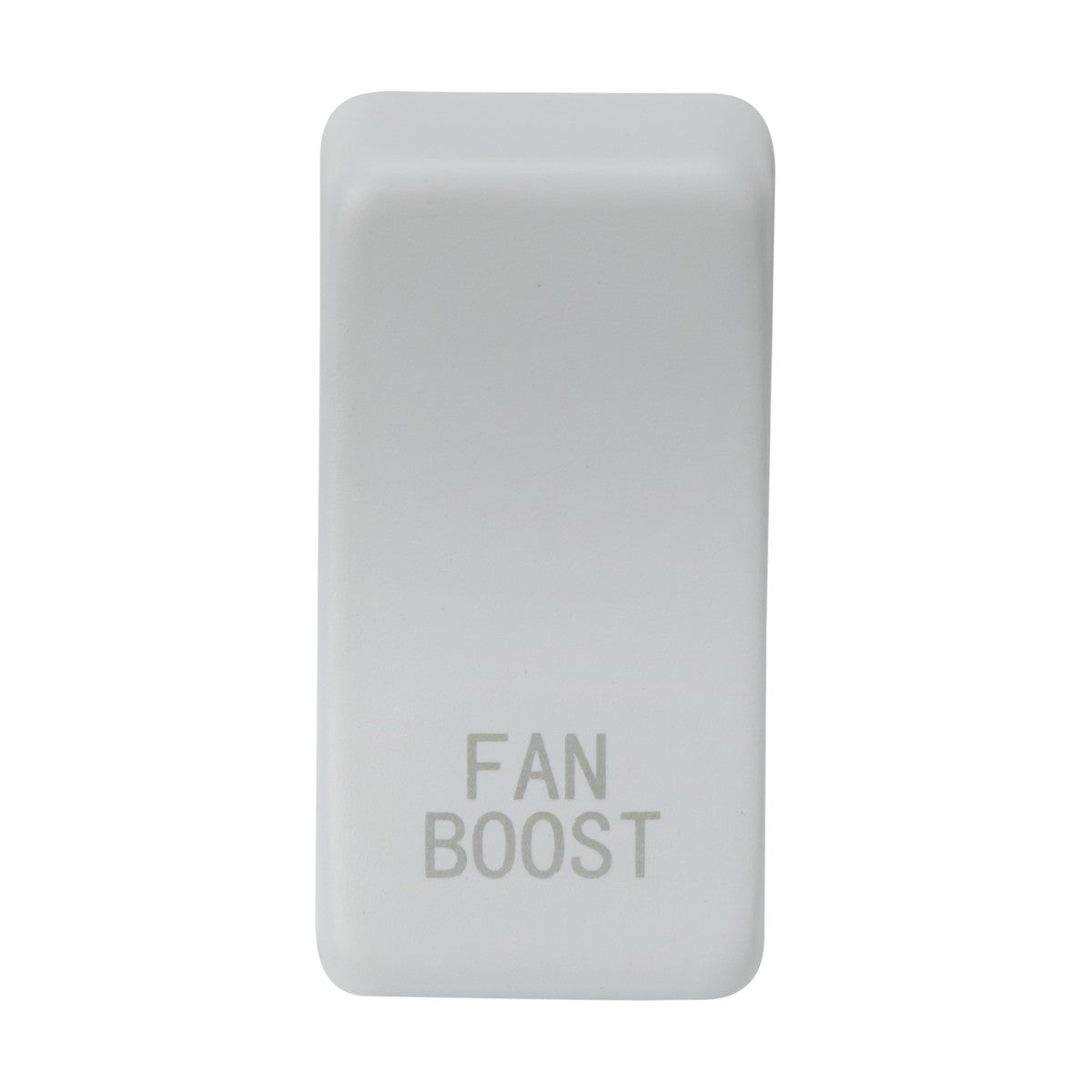 A matt white rectangular switch cover labeled "FAN BOOST" in gray text, featuring rounded edges and a smooth surface reminiscent of pre-printed rocker covers, is positioned vertically in the image.