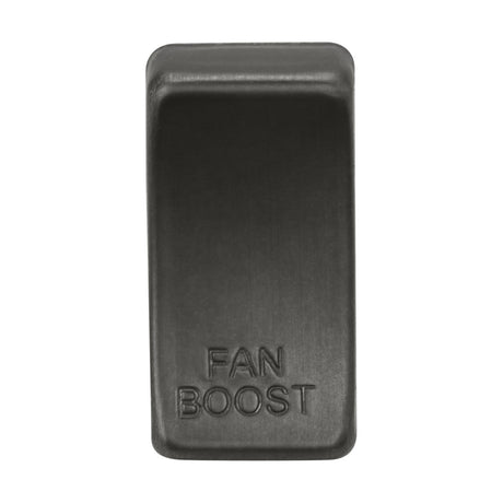 A sophisticated black rectangular switch cover with rounded edges, displaying the text "FAN BOOST" embossed on its surface in a smoked bronze finish. The cover is showcased against a pristine white background, emanating elegance and style.