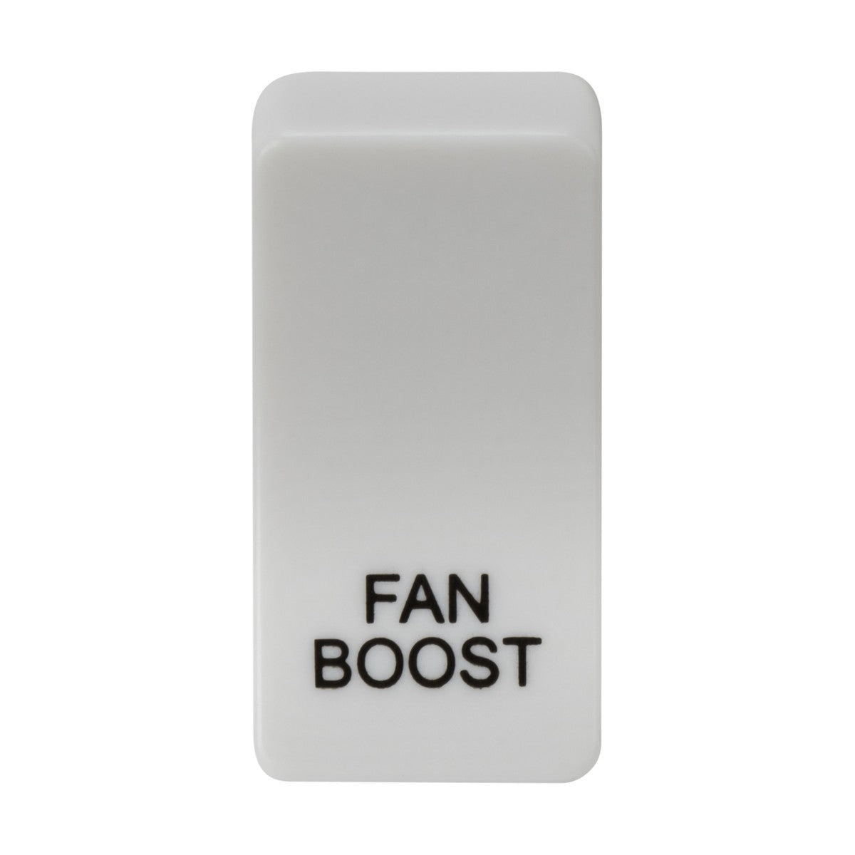 A sleek white Switch Cover marked with "FAN BOOST" in black lettering is positioned in the off state against a plain white backdrop. Its design accommodates interchangeable rocker covers to complement any decor.