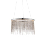 Danestead Pendant in polished chrome, a round frame with cascading fine chains hiding an integrated LED ring, shown on a plain white background.