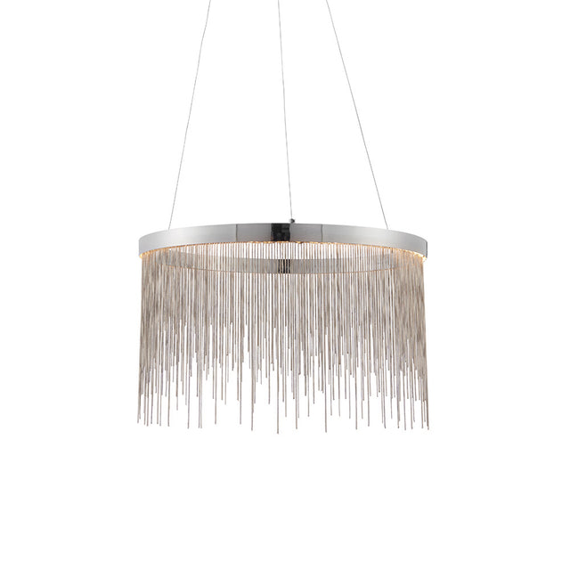 Danestead Pendant in polished chrome, a round frame with cascading fine chains hiding an integrated LED ring, shown on a plain white background.