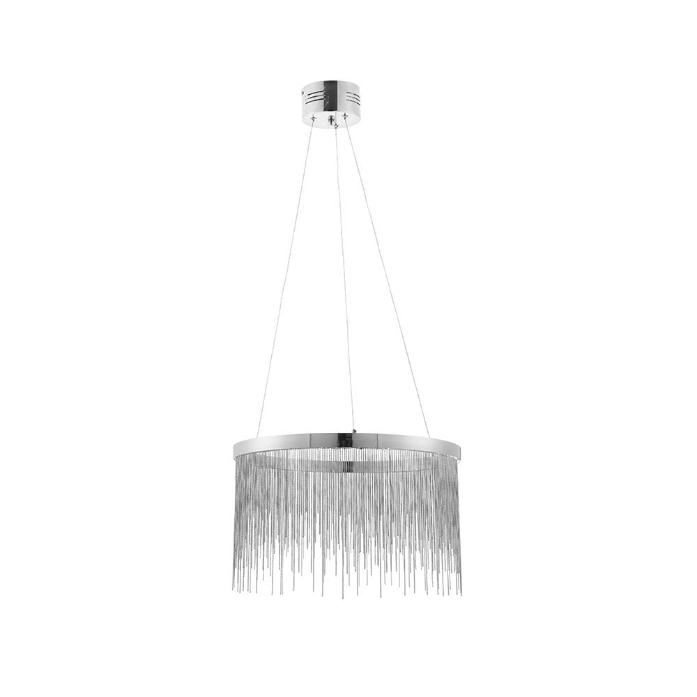 Danestead Pendant in polished chrome, a round fixture with a fine chain waterfall shade on an adjustable cable drop, shown on a plain white background.