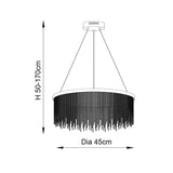 Technical line drawing of the Danestead Pendant in chrome with a round chain-fringe drum shade on three adjustable cables, 45cm diameter, 50-170cm height.