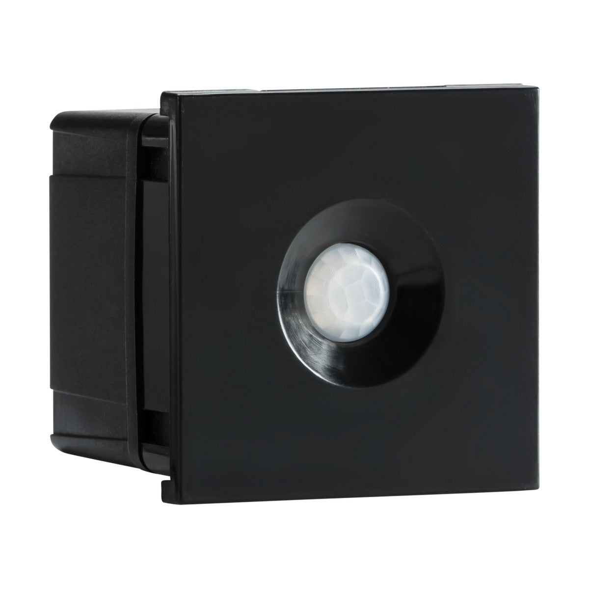 Introducing the 120° PIR Sensor Module 50x50mm - Black, a compact and sleek square-designed motion sensor with a central round white detection area. It features passive infrared technology and is lux sensitive, making it perfect for wall mounting within Euro modular frames.