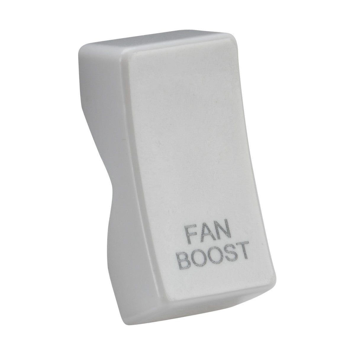 The Rocker Cover - Laser Printed FAN BOOST is a white plastic switch made from thermoset resin. It features the words FAN BOOST on its surface and showcases a slightly curved design, appearing angled in the image, indicative of its replaceable rocker cover design.