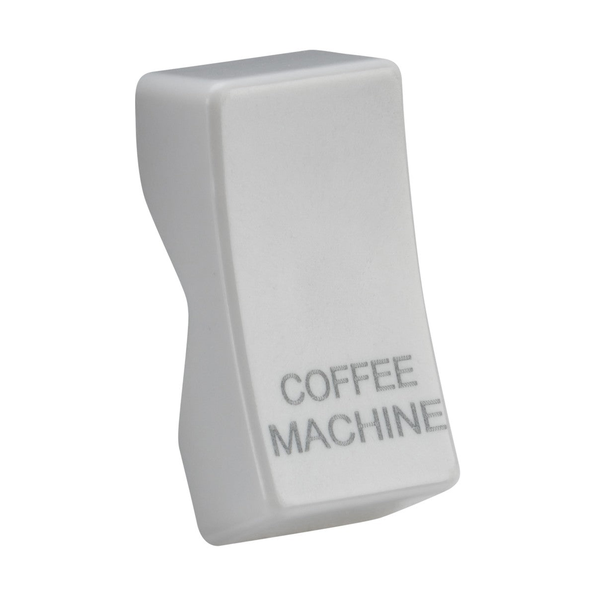 The Rocker Cover - Laser Printed COFFEE MACHINE is a sleek white switch featuring a modern design with curved edges and gray text. Made from thermoset resin, it combines durability with stylish functionality.