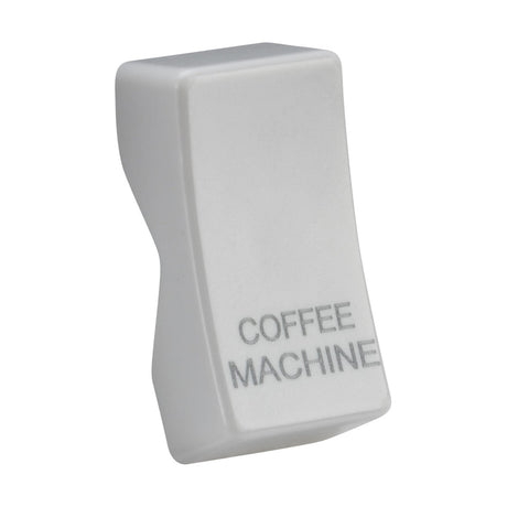 The Rocker Cover - Laser Printed COFFEE MACHINE is a sleek white switch featuring a modern design with curved edges and gray text. Made from thermoset resin, it combines durability with stylish functionality.