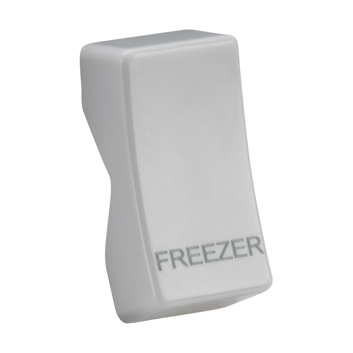 The Rocker Cover - Laser Printed FREEZER is a white fridge magnet made from thermoset resin, designed to resemble a freezer door with the word "FREEZER" elegantly printed in gray. It features a smooth and slightly curved design, providing both style and anti-microbial properties for a cleaner kitchen environment.