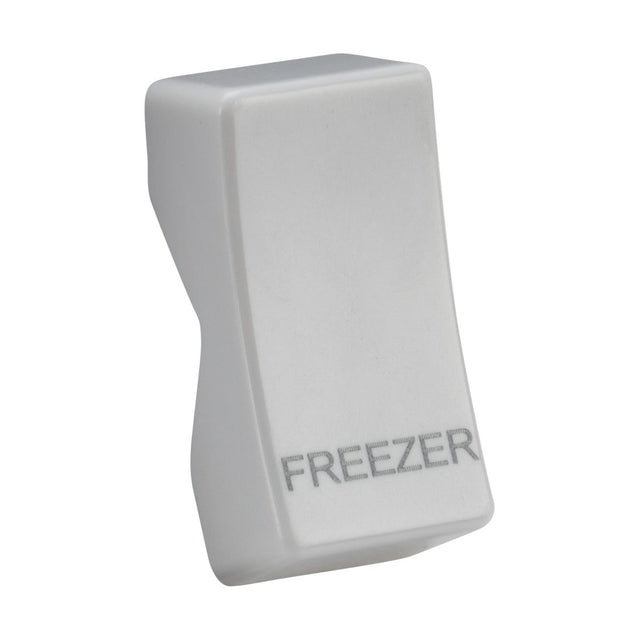 The Rocker Cover - Laser Printed FREEZER is a white fridge magnet made from thermoset resin, designed to resemble a freezer door with the word "FREEZER" elegantly printed in gray. It features a smooth and slightly curved design, providing both style and anti-microbial properties for a cleaner kitchen environment.