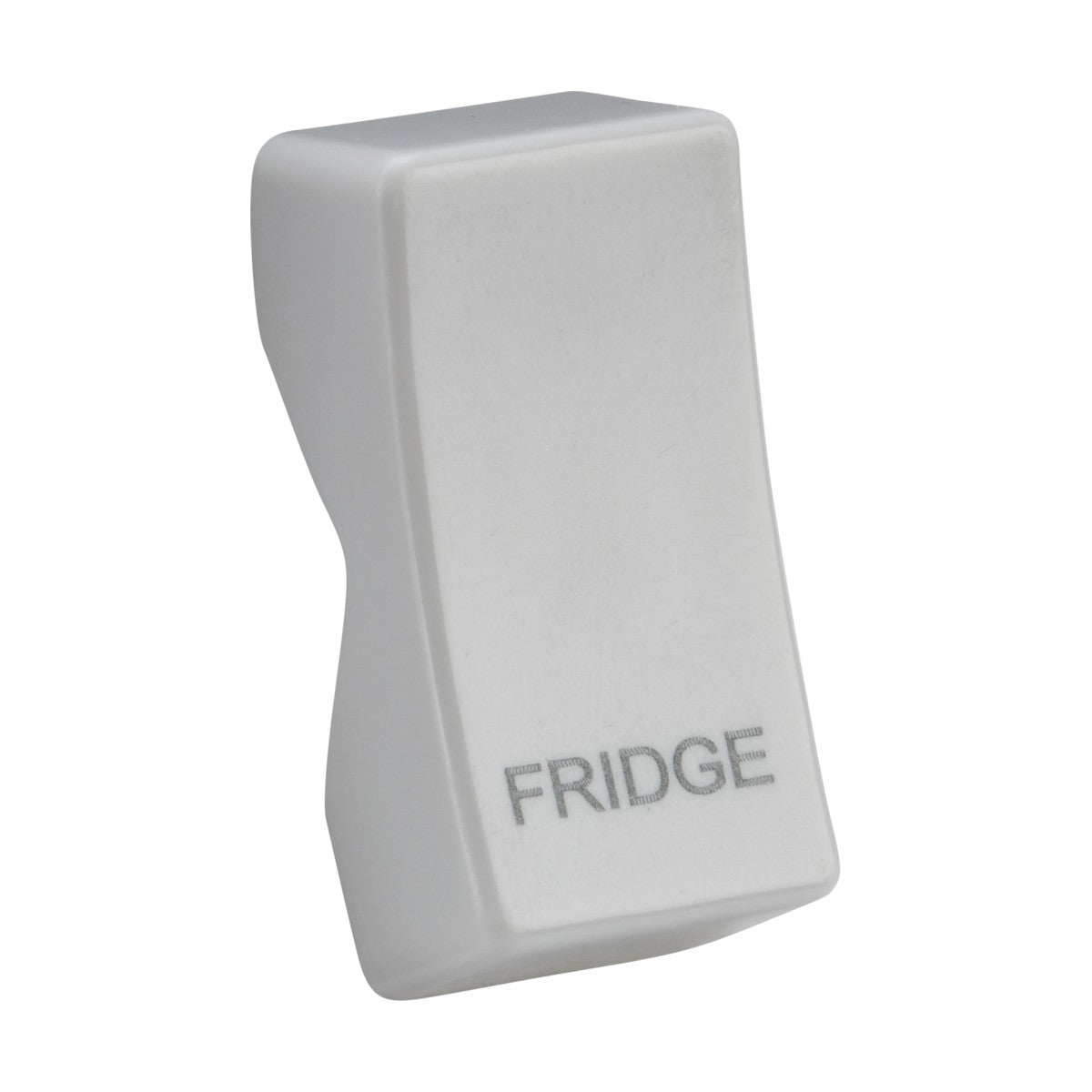 The Rocker Cover - Laser Printed FRIDGE is a white rectangular switch with a slightly curved design, made from durable thermoset resin and labeled "FRIDGE" in gray text. It is designed for controlling the power to a refrigerator.