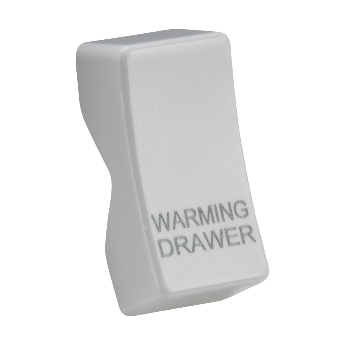 The Rocker Cover labeled "WARMING DRAWER" is designed for an oven or kitchen appliance. Crafted from thermoset resin, this white control knob features a slightly curved shape for additional style and functionality.