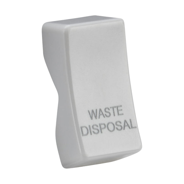 Close-up of a white Rocker Cover - Laser Printed WASTE DISPOSAL switch with a slightly curved edge design, enhancing its sleek appearance.