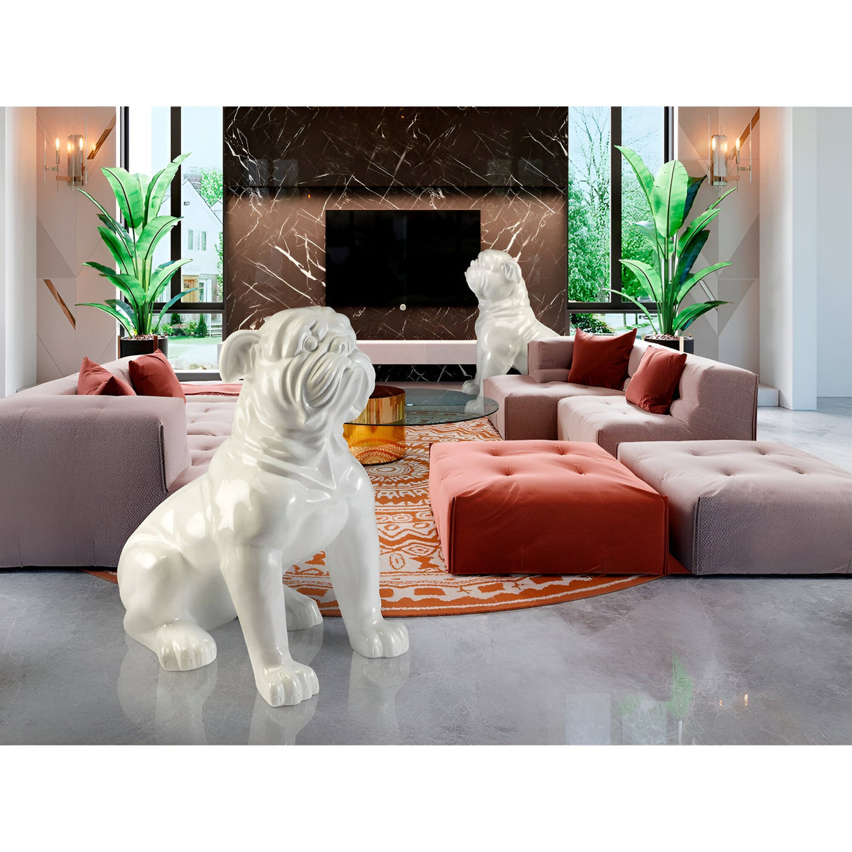 Bulldog White Gloss Outdoor Animal Sculpture - 109cm