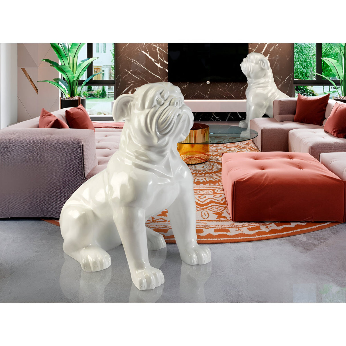 Bulldog White Gloss Outdoor Animal Sculpture - 109cm