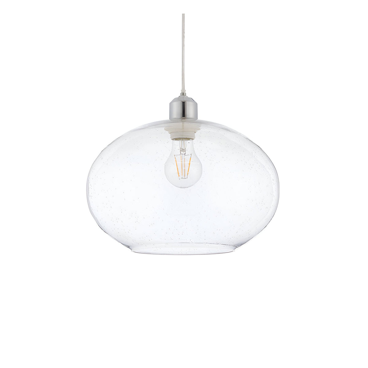 Endon Brackcombe pendant shade in rounded clear bubble glass with chrome lampholder and exposed filament E27 bulb, shown on a plain white background.