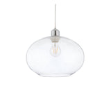 Endon Brackcombe pendant shade in rounded clear bubble glass with chrome lampholder and exposed filament E27 bulb, shown on a plain white background.