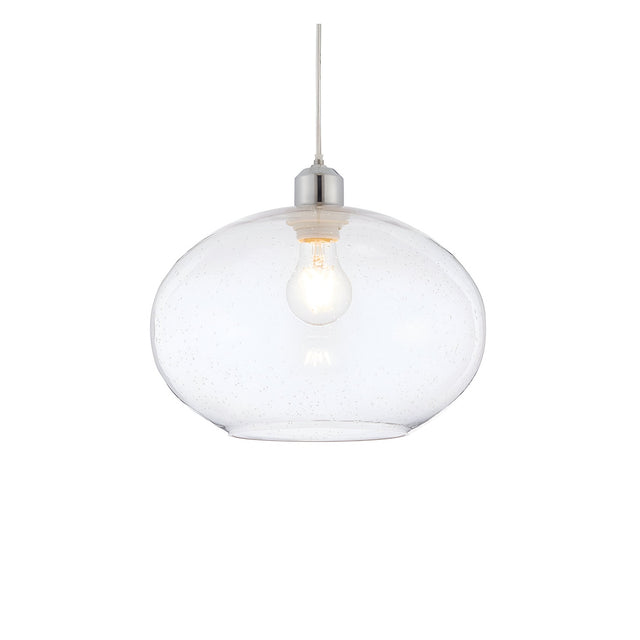 Endon Brackcombe pendant shade in rounded clear bubble glass with a chrome lamp holder and E27 bulb, shown on a plain white background.