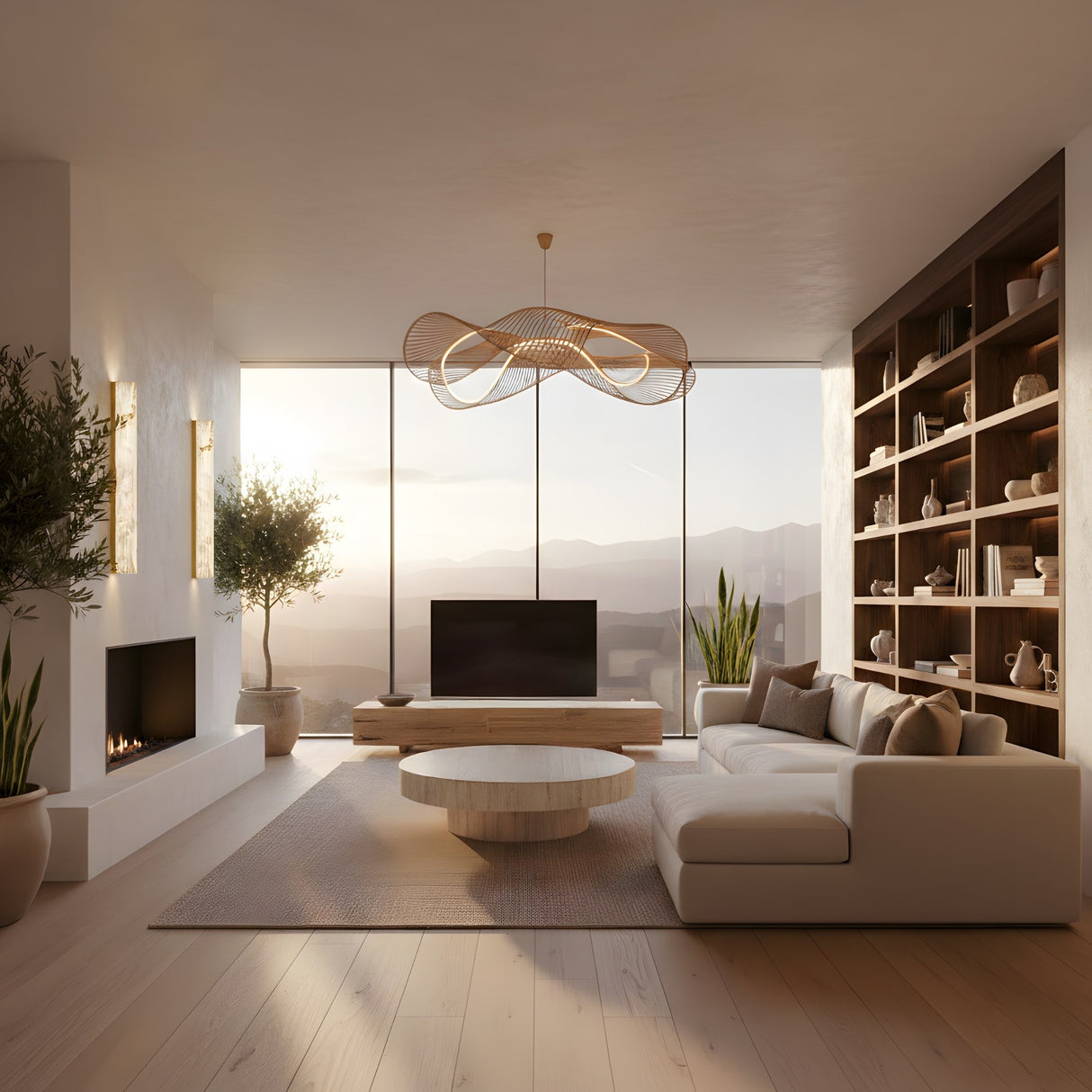 A modern living room with a white sofa, round coffee table, built-in shelves, large windows offering mountain views, indoor plants, and a minimalist fireplace is illuminated by the Zenvia LED Alabaster Wall Light in Brushed Brass & Soft White.