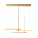 Niori Selvara 3 Light Horizontal Linear Pendant with three staggered alabaster bars on slim brass rods beneath a rectangular brushed brass canopy.