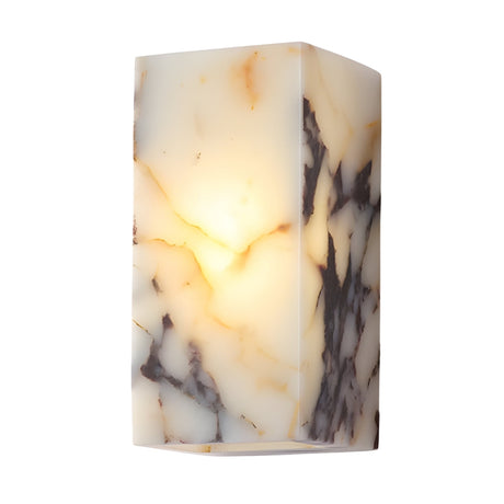 The Alvara 1 Light Rectangle Veined Marble Wall Light in White & Black features a marble-patterned rectangular shade, casting a warm, gentle glow and bringing elegant style to any space.