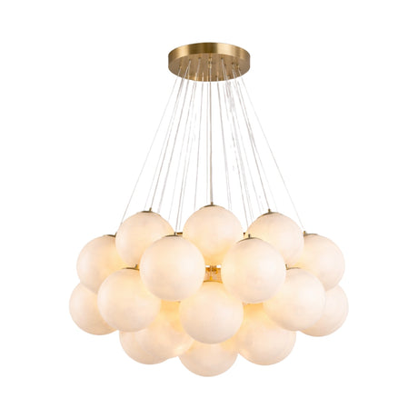 The Auriel 19 Light Alabaster Chandelier features clustered frosted glass globes suspended by slim wires from a round brushed brass mount, emitting a warm soft glow in soft white.