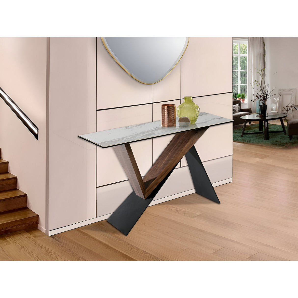 Noa Wood & Metal And Glass Console Table – Black & Walnut And White