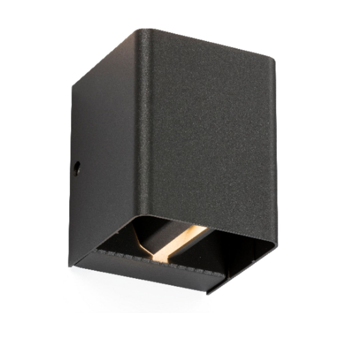 Introducing the Outdoor LED Adjustable Up & Down Wall Light in Anthracite, a sleek and modern rectangular black fixture with a minimalist design. This IP65-rated wall light features an adjustable configuration with a single bulb housed within a slightly open bottom, casting a 3000K warm white glow downward.