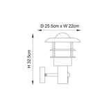 Dimension diagram of the Endon Brackbury PIR outdoor wall light showing height 32.5cm, depth 25.5cm and width 22cm on a white background.