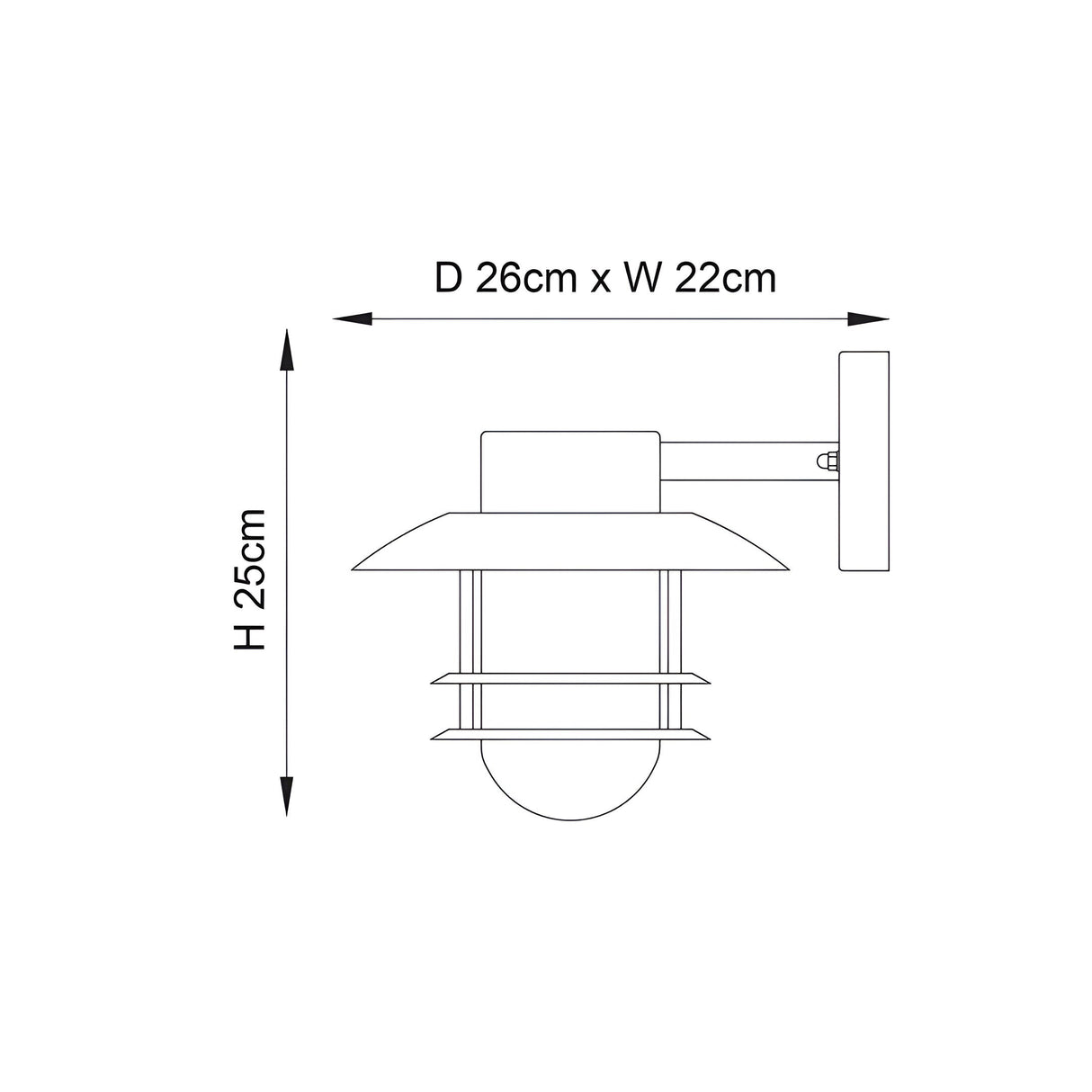 Dimension diagram of the Endon Brockdon stainless steel outdoor wall light, showing 25cm height, 22cm width and 26cm projection on a white background.