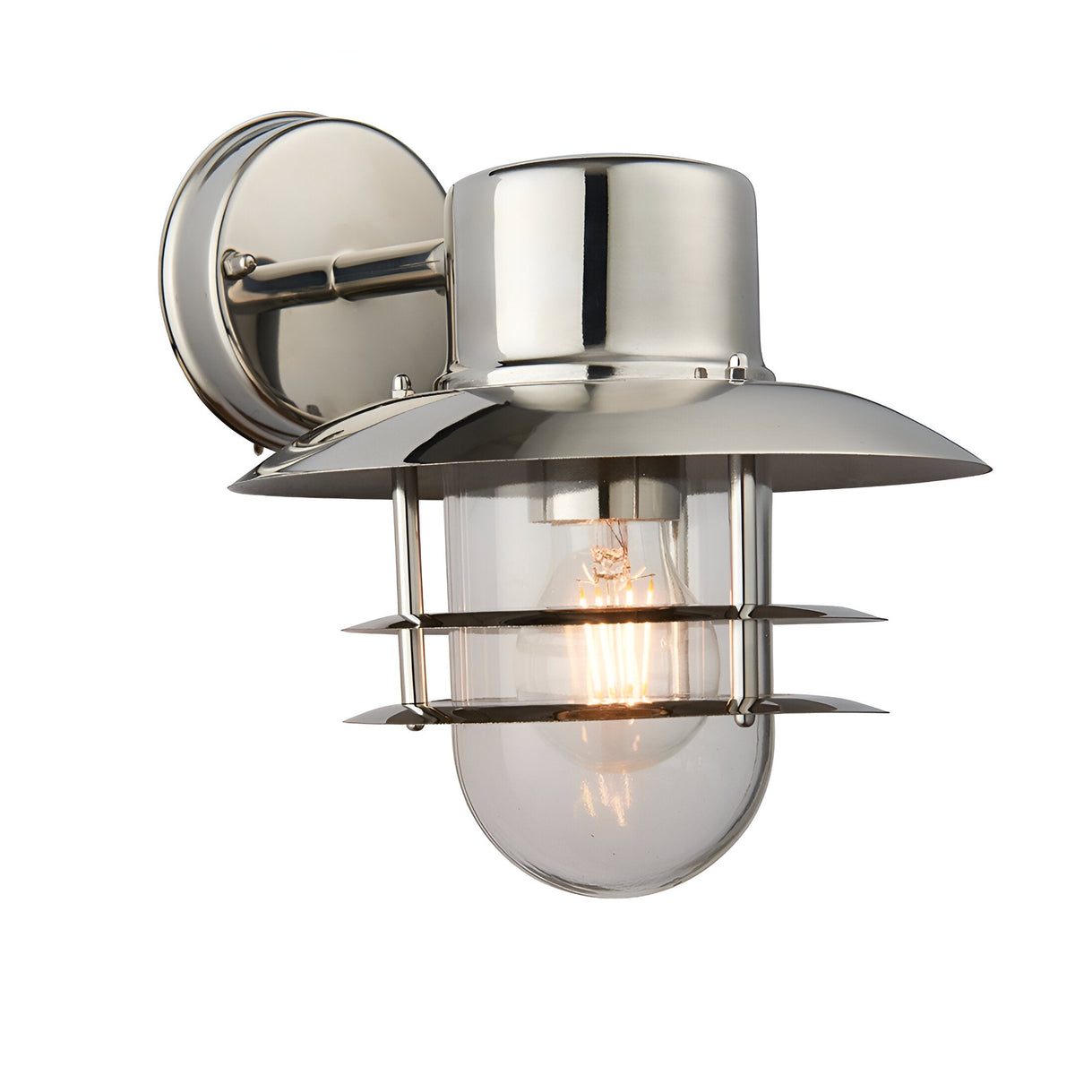 Endon Brockdon outdoor wall light in polished stainless steel with louvered shade, clear glass globe and lit E27 filament bulb, on a white background.