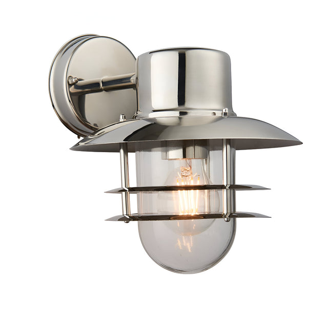 Endon Brockdon outdoor wall light in polished stainless steel with louvered shade, clear glass globe and lit E27 filament bulb, on a white background.
