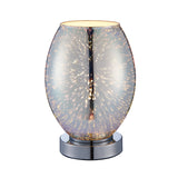 Endon Cliffwick touch table lamp with an oval holographic glass shade showing a starburst effect on a round chrome base, on a white background.