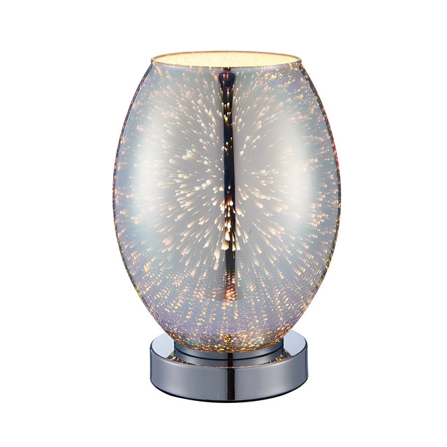 Endon Cliffwick touch table lamp with an oval holographic glass shade showing a starburst effect on a round chrome base, on a white background.
