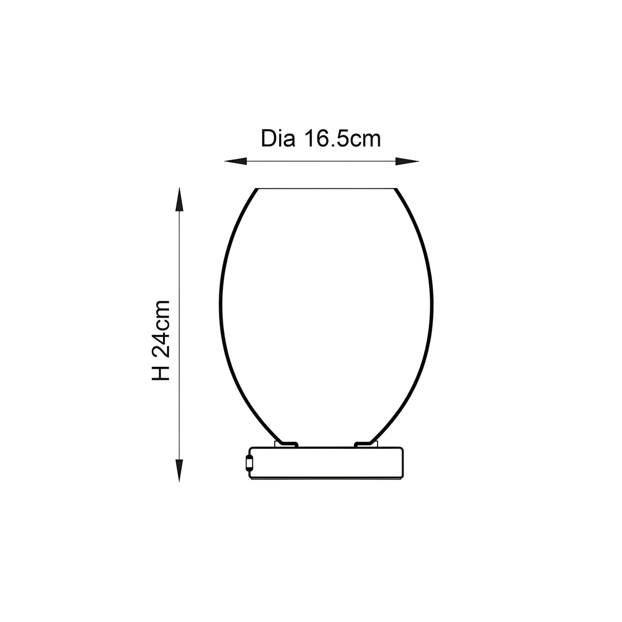 Dimension diagram of the Endon Cliffwick touch table lamp showing a height of 24cm and diameter of 16.5cm on a white background.
