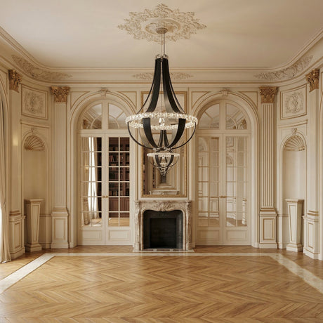 Elegant, ornate ballroom with cream-colored walls, large arched windows, intricate moldings, a marble fireplace, polished herringbone wood floor, and the Tessaro LED K9 Crystal & Leather Small Chandelier in black.