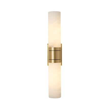 The Ardelle 2 Light Double Cylinder Alabaster Wall Light in soft white and brass features twin cylindrical alabaster shades and a central brass fixture, mounted vertically against a plain white background.