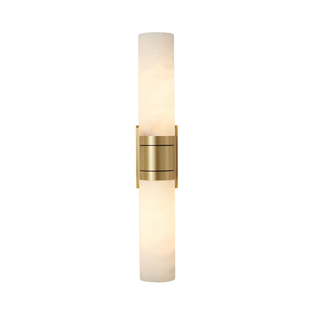 The Ardelle 2 Light Double Cylinder Alabaster Wall Light in soft white and brass features twin cylindrical alabaster shades and a central brass fixture, mounted vertically against a plain white background.