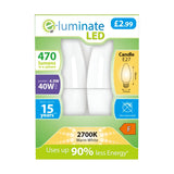 Illuminate your space efficiently with the E-Luminate 4.9W Non-Dimmable LED Candle Bulb â€“ Warm White, E27, 2700K (2 Pack), available for just Â£2.99. This bulb provides the equivalent of 40W power with a soothing warm white glow and saves up to 90% energy. Enjoy up to 15 years of use with an F energy rating from this reliable lighting solution that features a non-dimmable design.